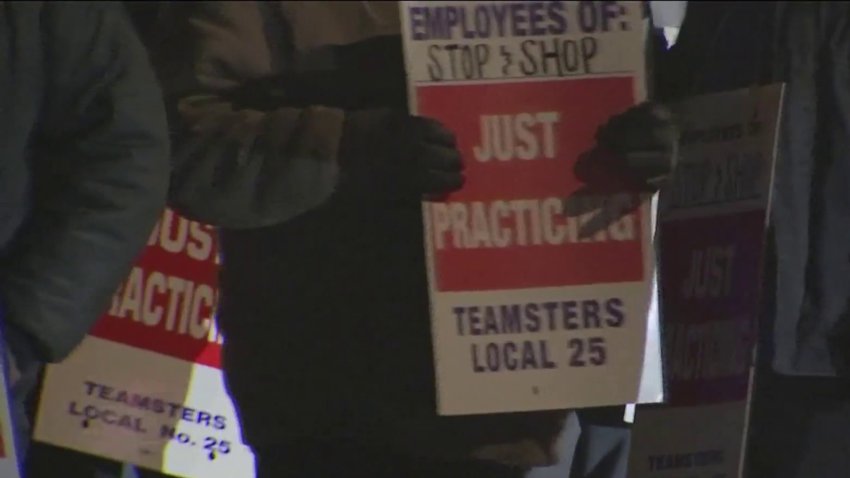 Teamsters Local 25 members protested outside the Stop & Shop distribution facility in Freetown, Massachusetts, on Feb. 21, 2025.