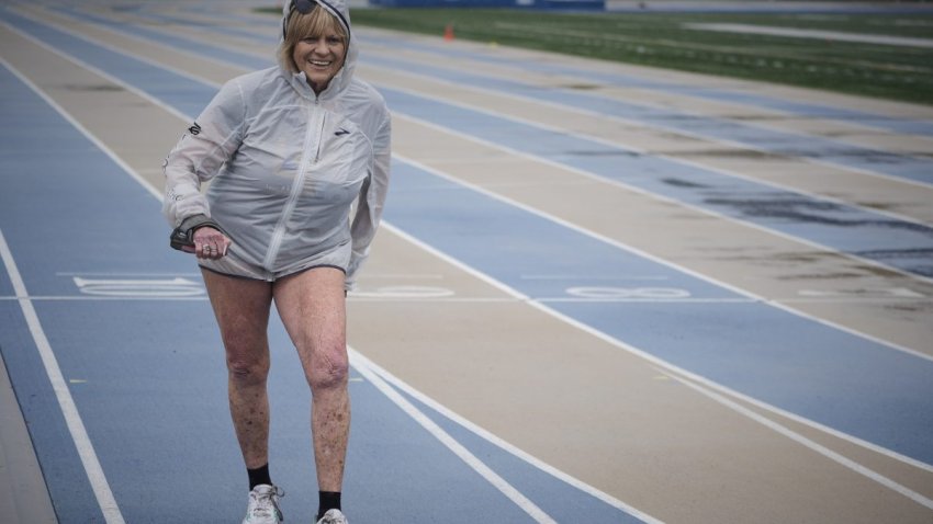 Sharon Kerson, 83, trains for the Los Angeles Marathon at the West Los Angeles College track in Culver City, Calif., Thursday, March 13, 2025.