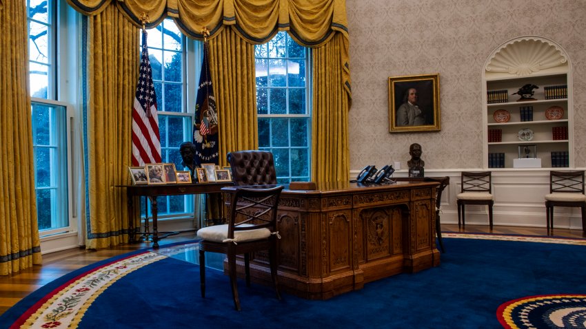 A view of the Resolute desk seen during an early preview of the redesigned Oval Office awaiting President Joseph Biden at the White House in Washington, DC.