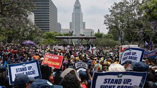 Union members and supporters rally in Grand Park calling for the release of union leader David Huerta, who was arrested during an immigration enforcement action on June 9, 2025 in Los Angeles, California.